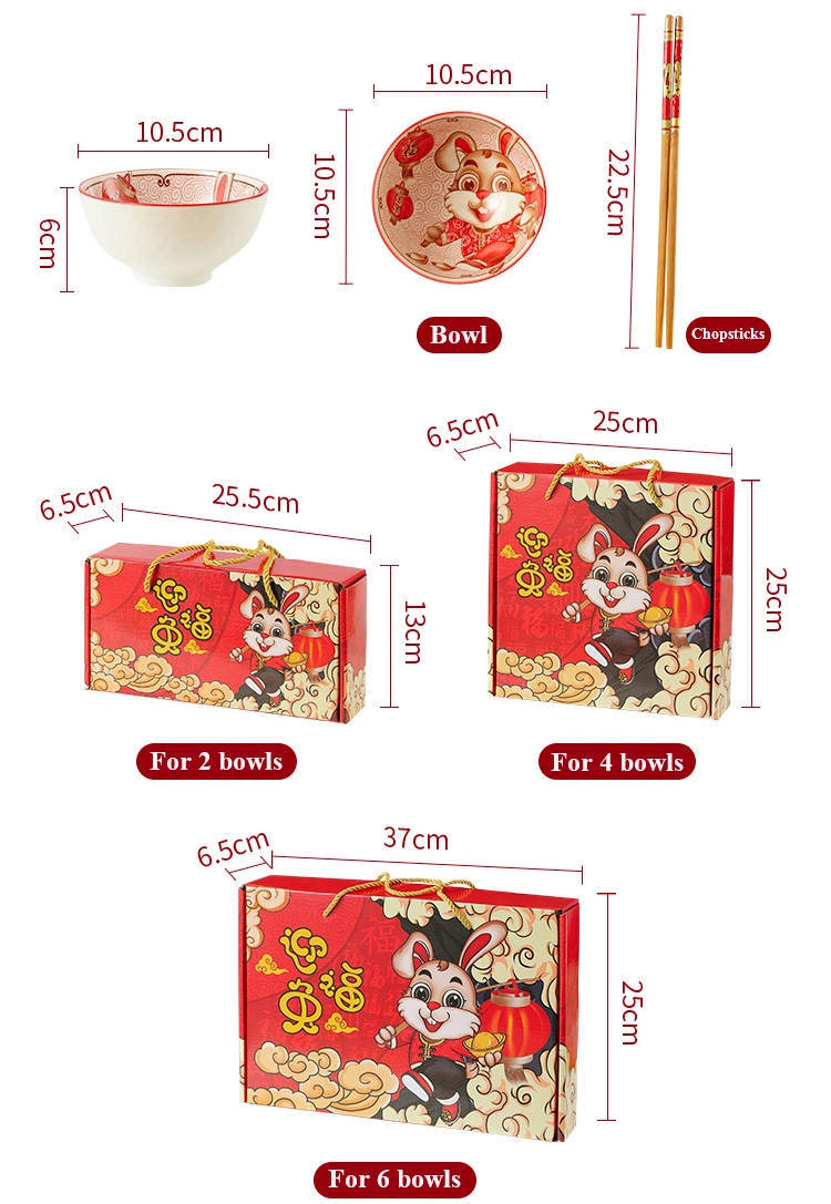 Rabbit Year Ceramic Bowl Gift Set 4.5inch Rabbit Bowls with Chopsticks for Chinese New Year OEM Logo