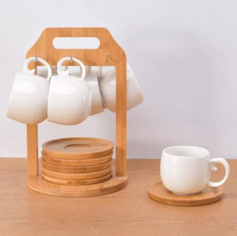 Ceramic Cup Bamboo Saucer with Bamboo Rack