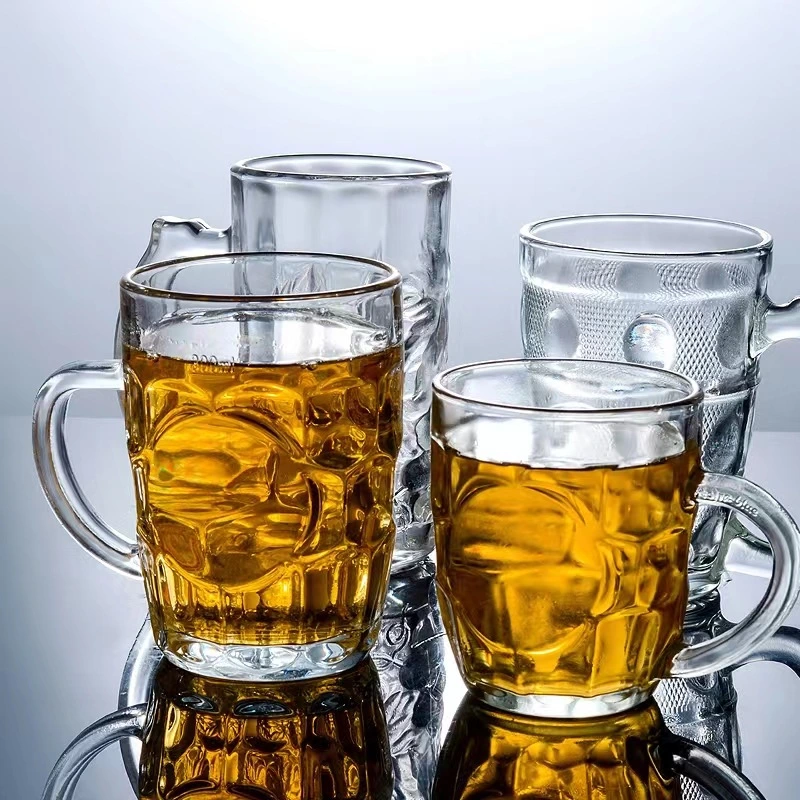 Glass Beer Mugs with Handle Glassware Beverage Drinking Cups for Water Wine Juice and Bar Dining